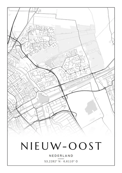 Poster van Groningen, de wijk Nieuw-Oost, stadsposter in de stijl Zwart-wit
