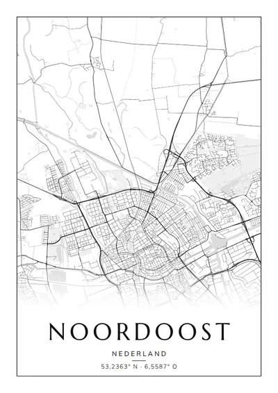 Poster van Groningen, de wijk Noordoost, stadsposter in de stijl Zwart-wit