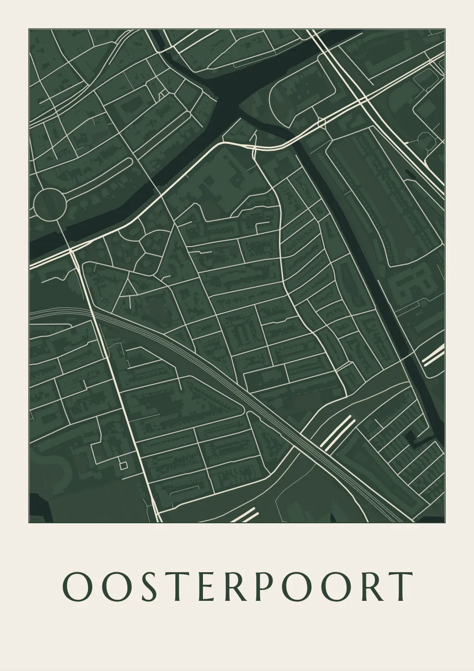 Poster van Groningen, de wijk Oosterpoort, stadsposter in de stijl Diep groen