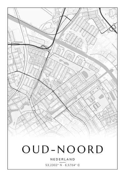 Poster van Groningen, de wijk Oud-Noord, stadsposter in de stijl Zwart-wit