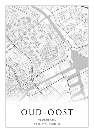 Poster van Groningen, de wijk Oud-Oost, stadsposter in de stijl Zwart-wit