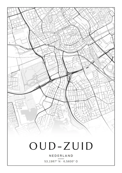 Poster van Groningen, de wijk Oud-Zuid, stadsposter in de stijl Zwart-wit