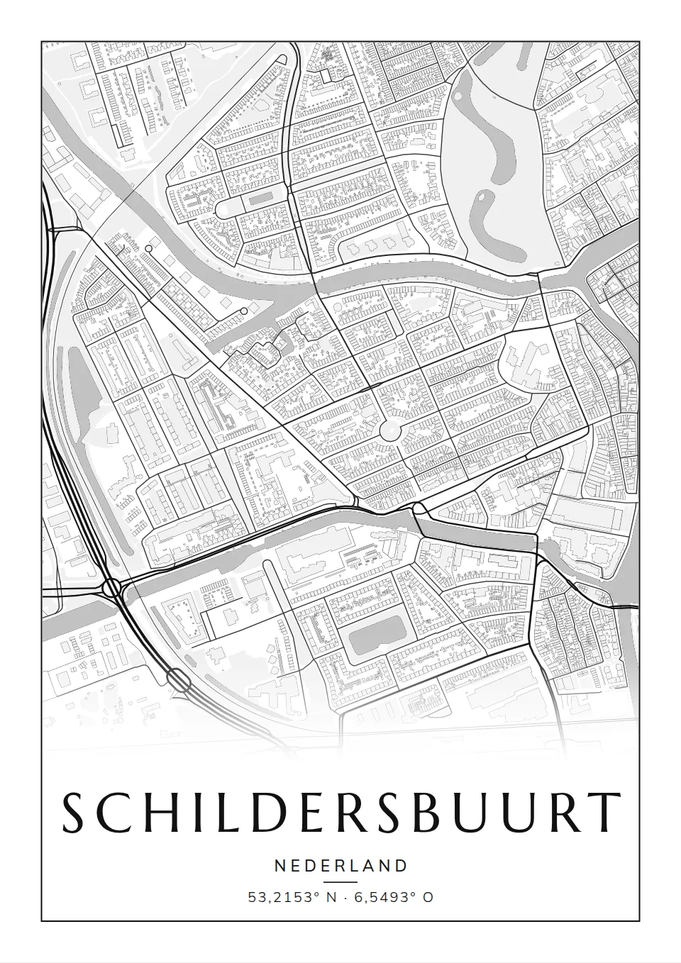Poster van Groningen, de wijk Schildersbuurt, stadsposter in de stijl Klassiek
