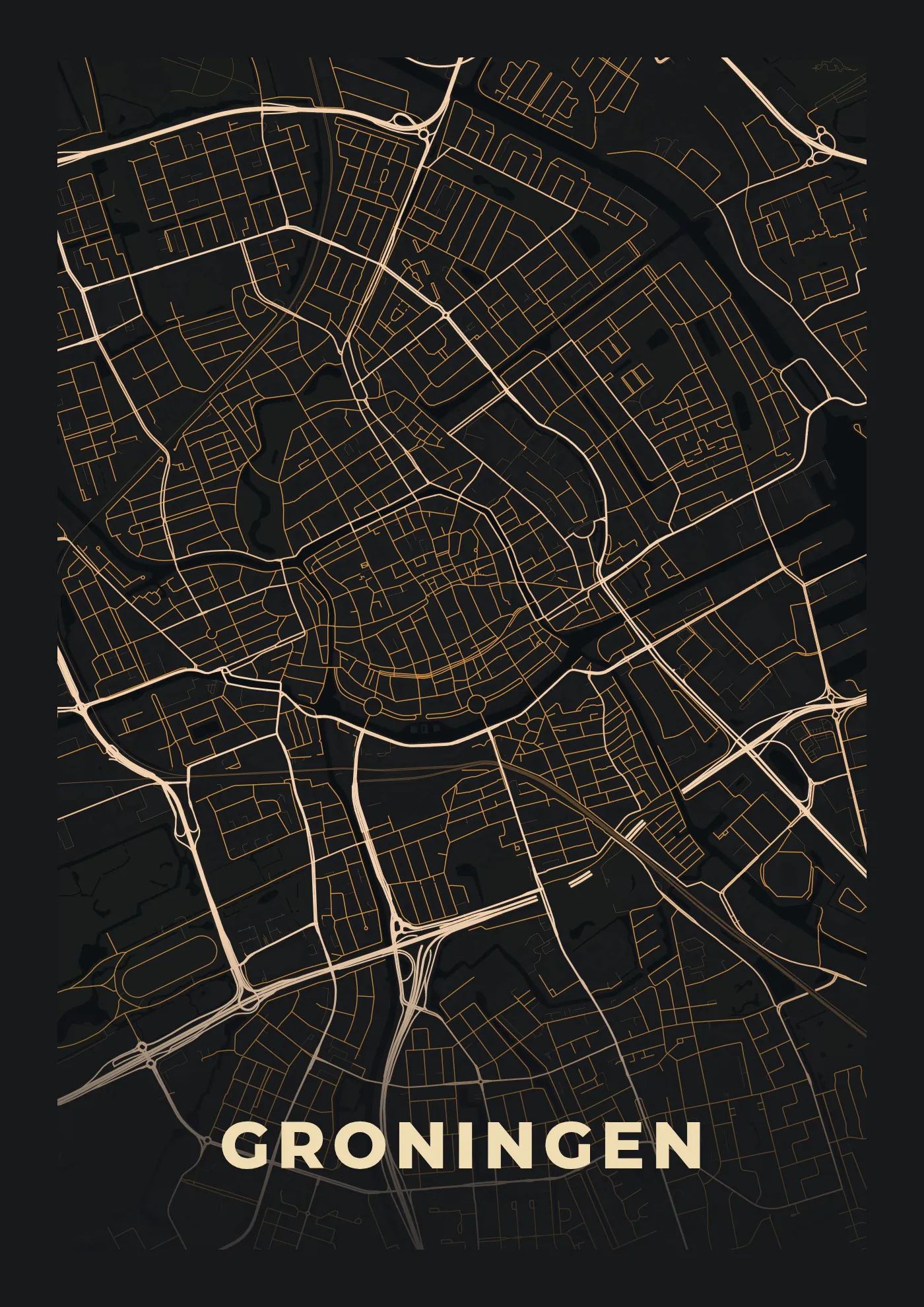 Poster van Groningen, de hele stad, stadsposter in de stijl Stad bij nacht