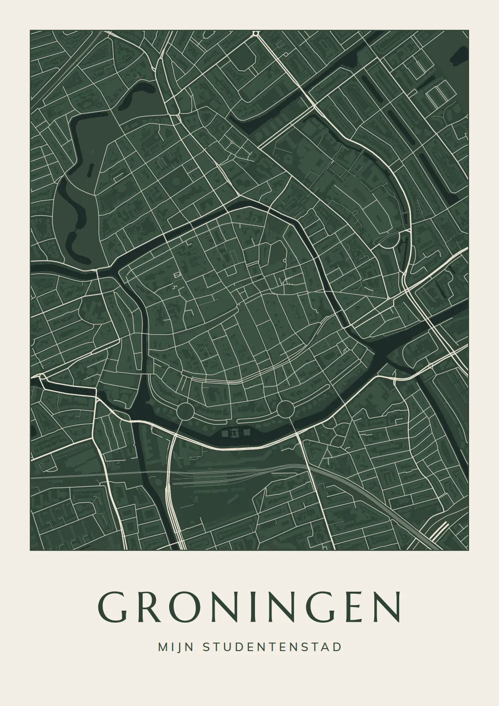 Poster van Groningen, de wijk Binnenstad, stadsposter in de stijl Diep groen