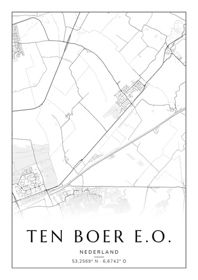 Poster van Groningen, de wijk Ten Boer e.o., stadsposter in de stijl Zwart-wit