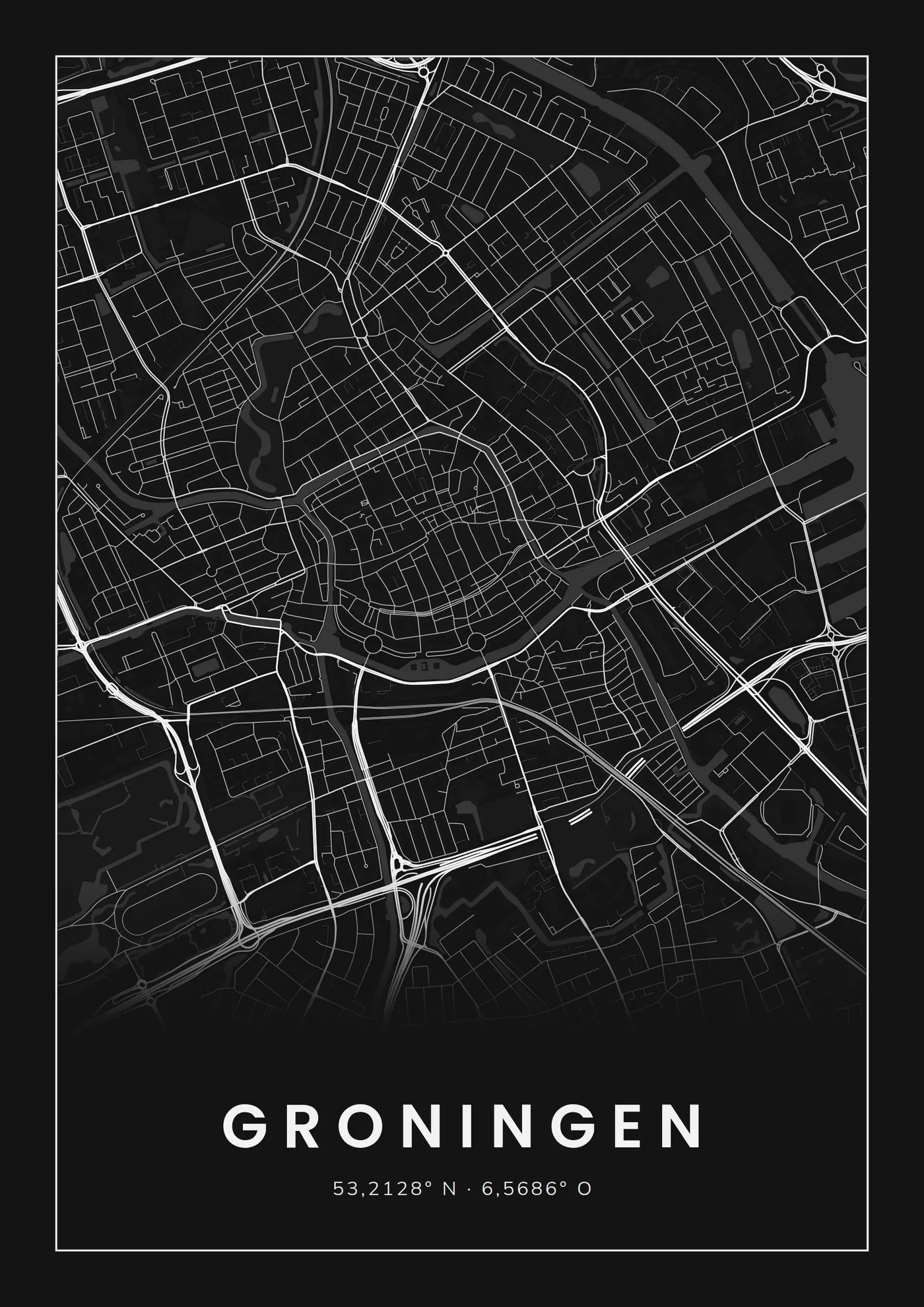 Poster van Groningen, de hele stad, stadsposter in de stijl Wit op zwart