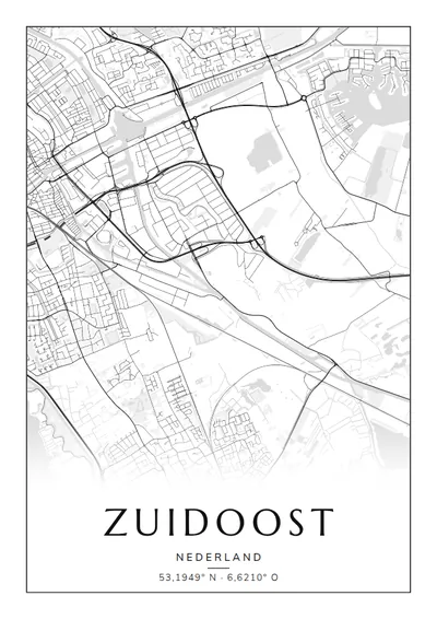 Poster van Groningen, de wijk Zuidoost, stadsposter in de stijl Zwart-wit