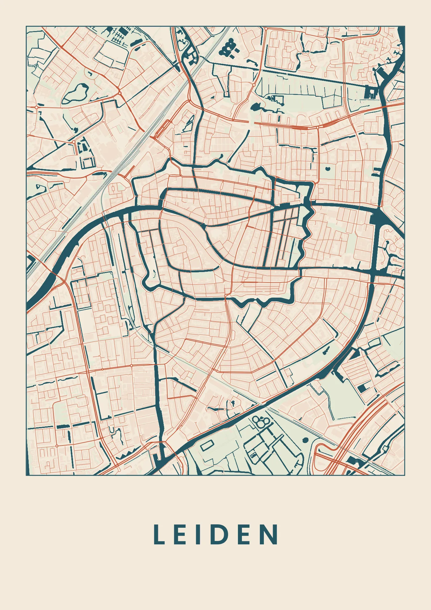 Poster van Leiden, de hele stad, stadsposter in de stijl Affiche