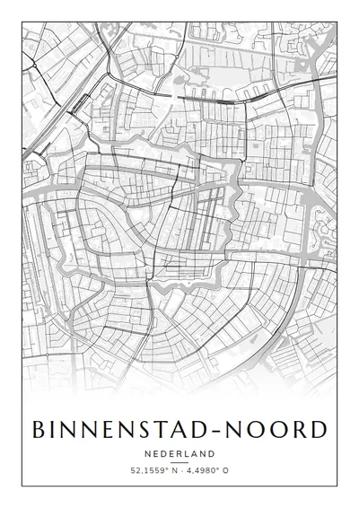 Poster van Leiden, de wijk Binnenstad-Noord, stadsposter in de stijl Zwart-wit