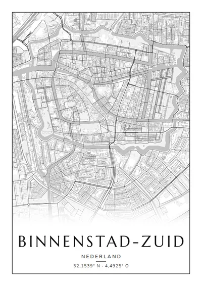 Poster van Leiden, de wijk Binnenstad-Zuid, stadsposter in de stijl Zwart-wit