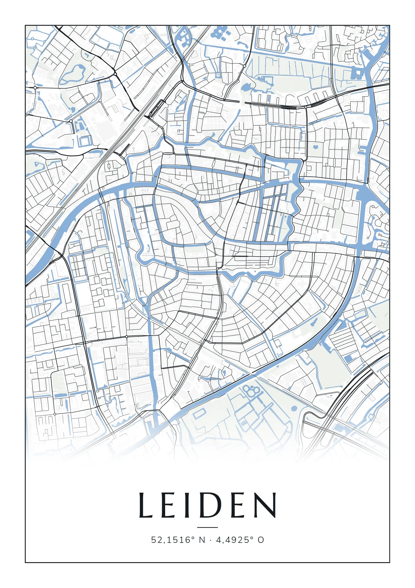 Poster van Leiden, de hele stad, stadsposter in de stijl Blauw water