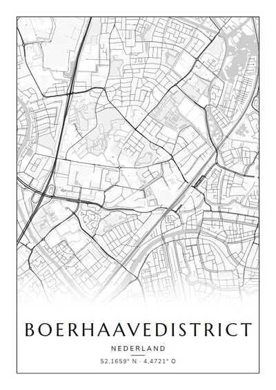 Poster van Leiden, de wijk Boerhaavedistrict, stadsposter in de stijl Zwart-wit