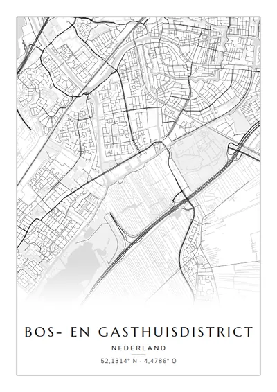 Poster van Leiden, de wijk Bos- en Gasthuisdistrict, stadsposter in de stijl Zwart-wit