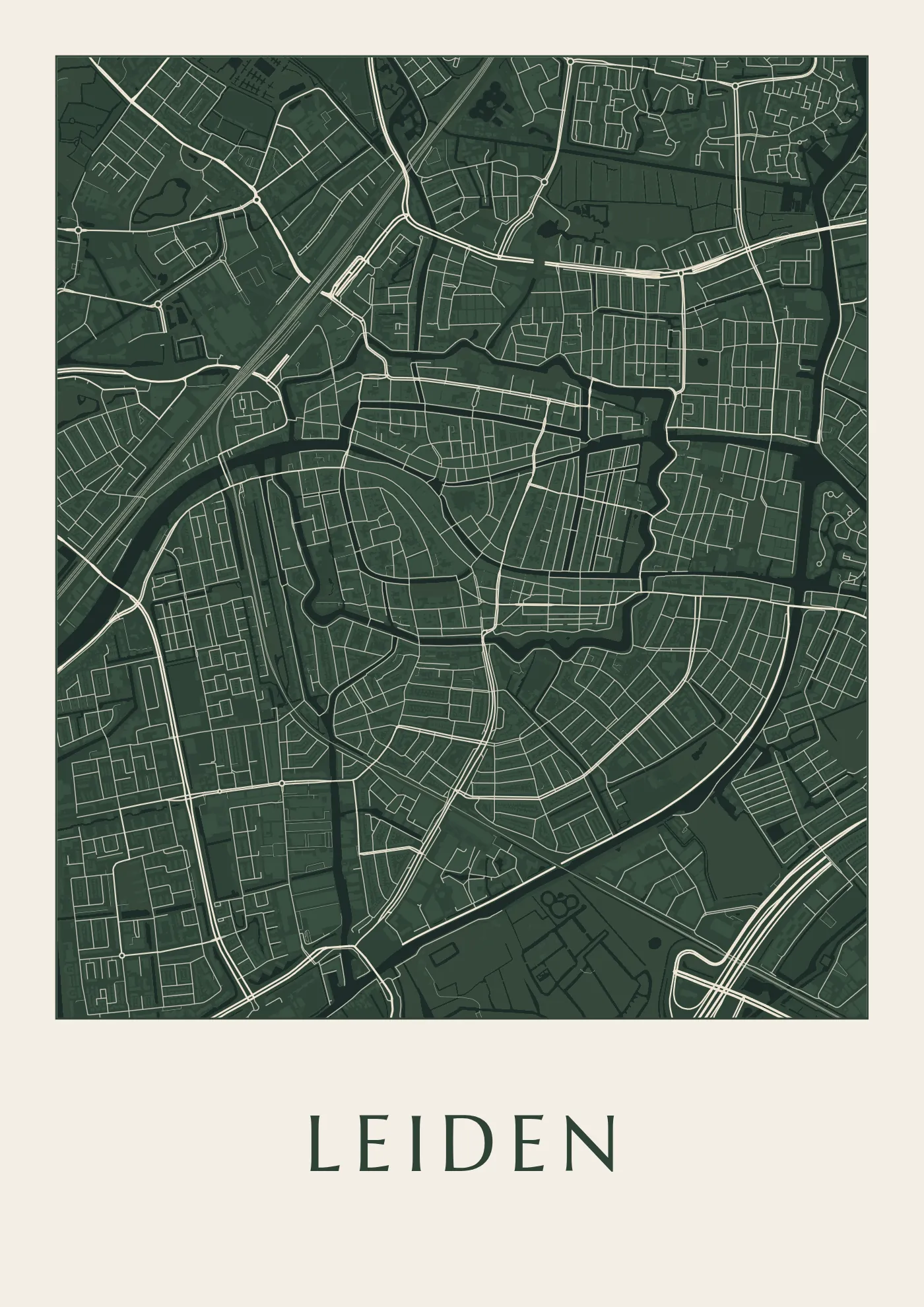 Poster van Leiden, de hele stad, stadsposter in de stijl Diep groen