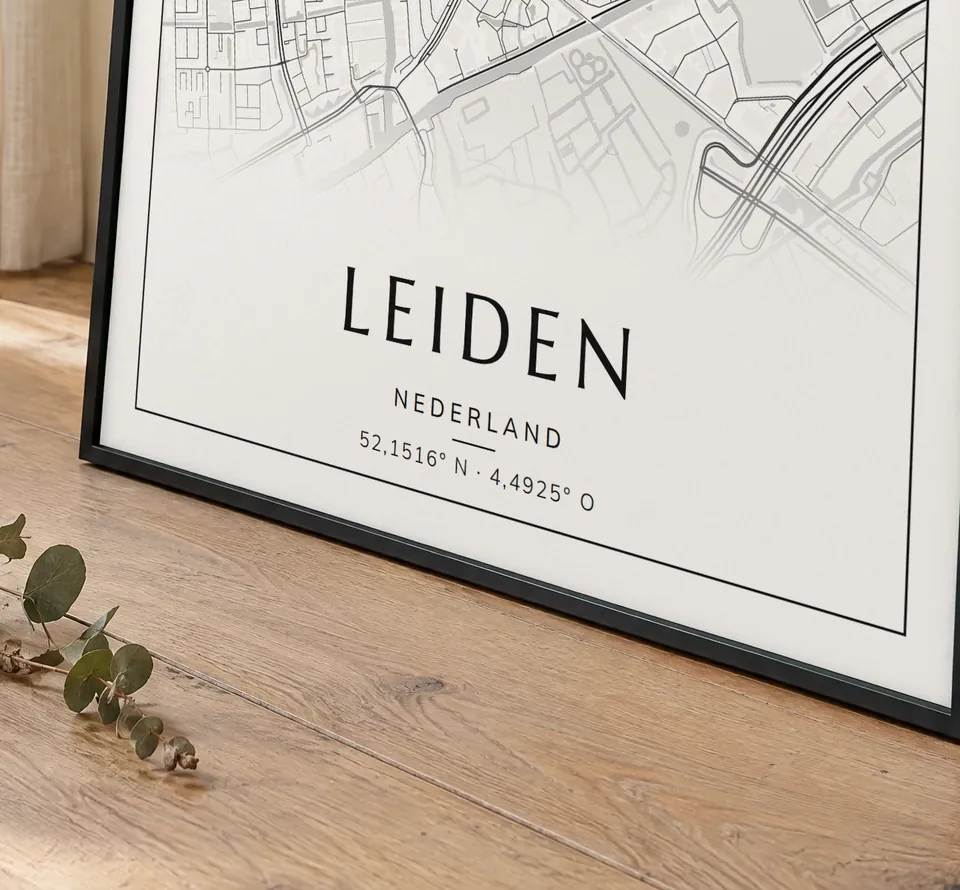 Poster van Leiden, de hele stad, stadsposter in de stijl Klassiek, in een zwarte lijst