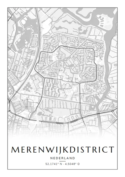 Poster van Leiden, de wijk Merenwijkdistrict, stadsposter in de stijl Zwart-wit