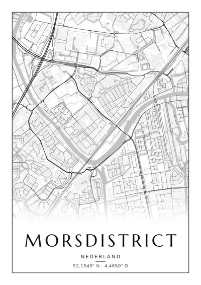 Poster van Leiden, de wijk Morsdistrict, stadsposter in de stijl Zwart-wit