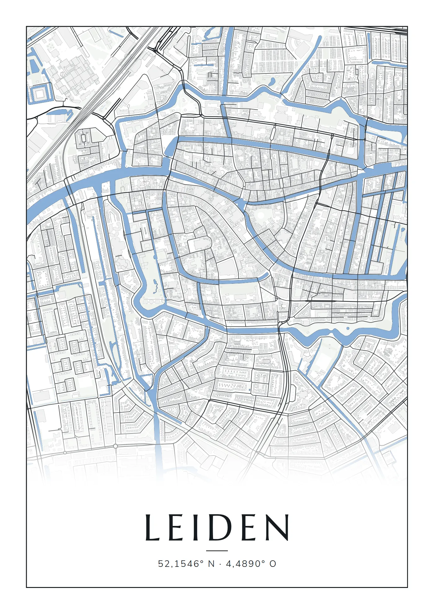 Poster van Leiden, de wijk Pieterswijk, stadsposter in de stijl Blauw water