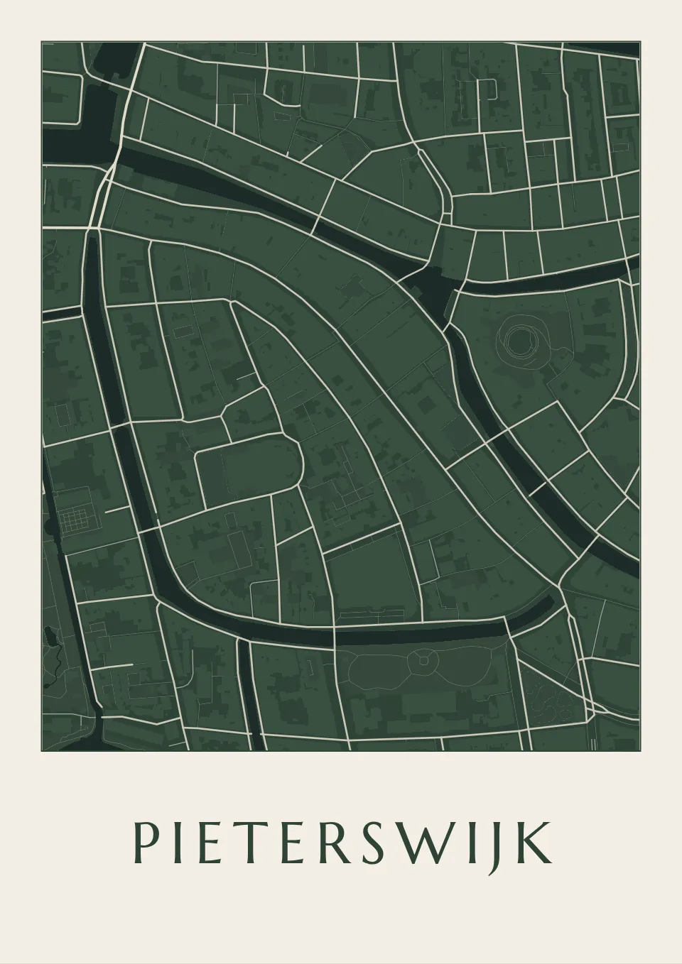 Poster van Leiden, de wijk Pieterswijk, stadsposter in de stijl Diep groen