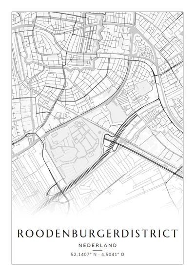 Poster van Leiden, de wijk Roodenburgerdistrict, stadsposter in de stijl Zwart-wit