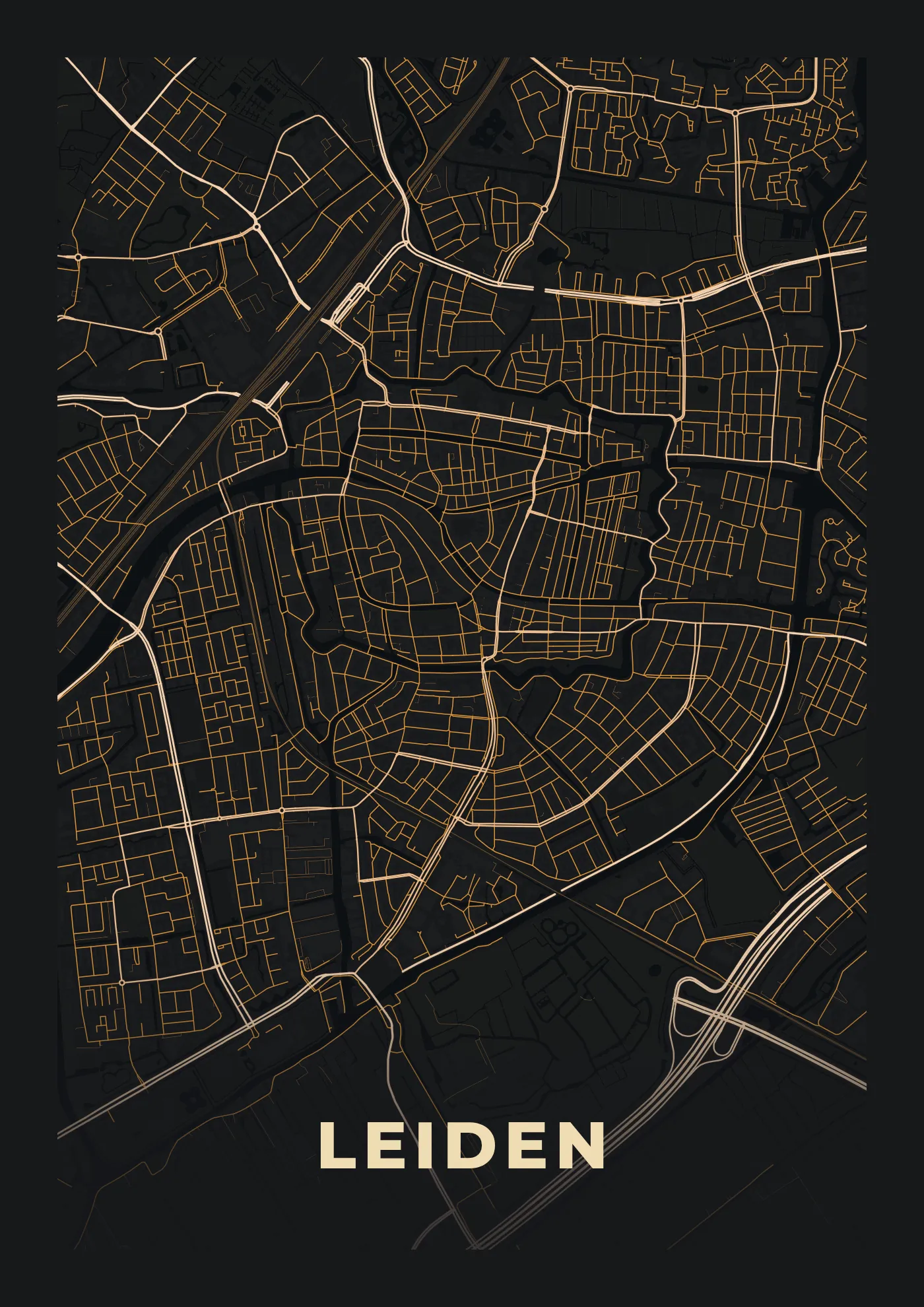 Poster van Leiden, de hele stad, stadsposter in de stijl Stad bij nacht