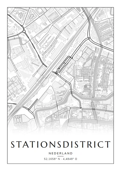 Poster van Leiden, de wijk Stationsdistrict, stadsposter in de stijl Zwart-wit