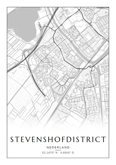 Poster van Leiden, de wijk Stevenshofdistrict, stadsposter in de stijl Zwart-wit