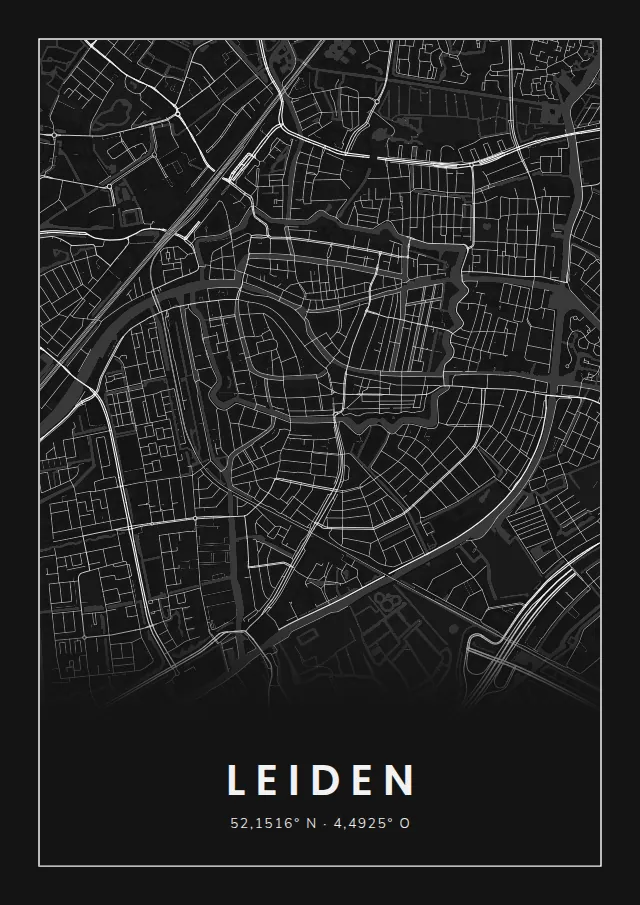 Poster van Leiden, de hele stad, stadsposter in de stijl Wit op zwart