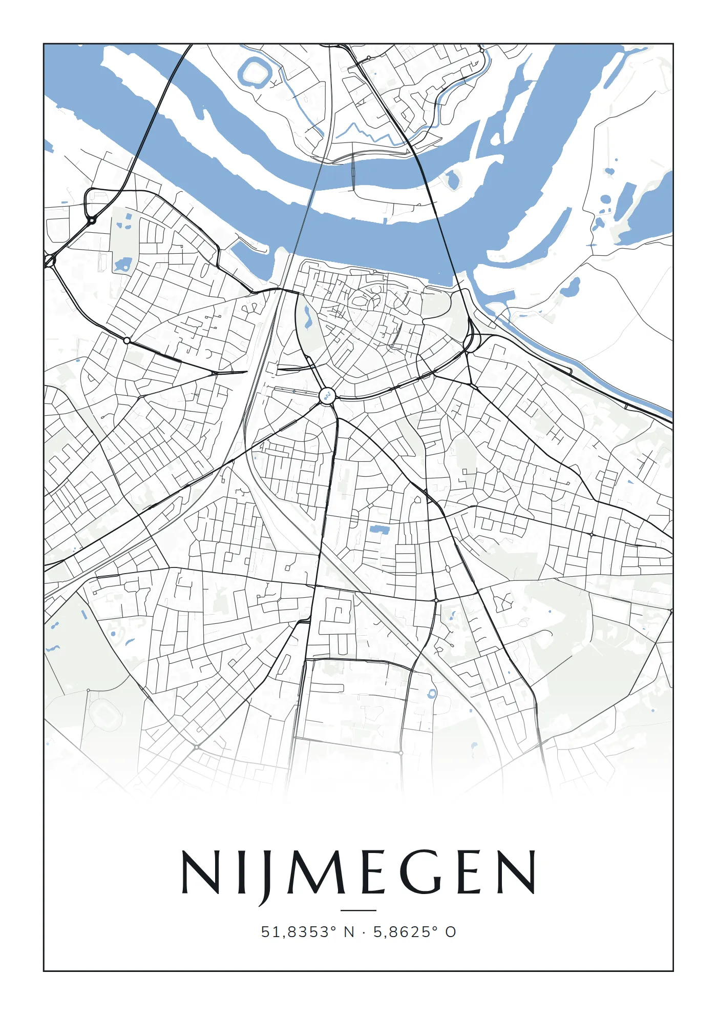 Poster van Nijmegen, de hele stad, stadsposter in de stijl Blauw water
