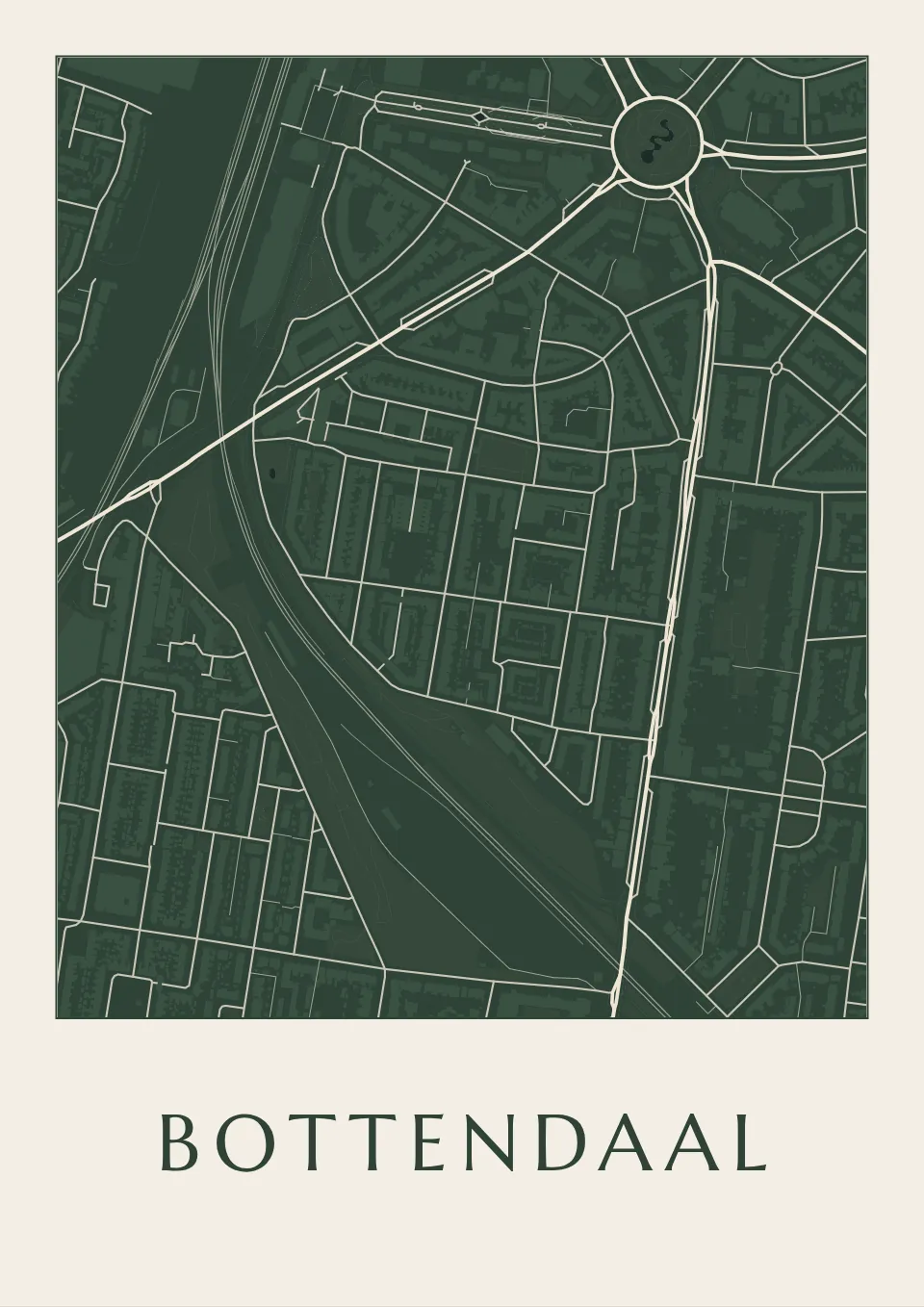 Poster van Nijmegen, de wijk Bottendaal, stadsposter in de stijl Diep groen