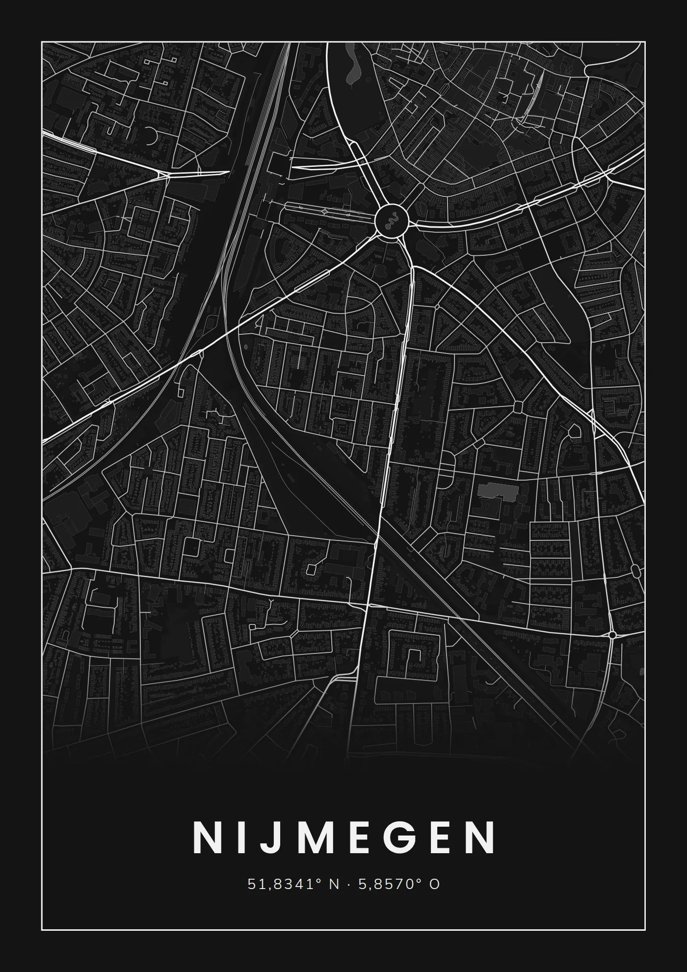 Poster van Nijmegen, de wijk Bottendaal, stadsposter in de stijl Wit op zwart