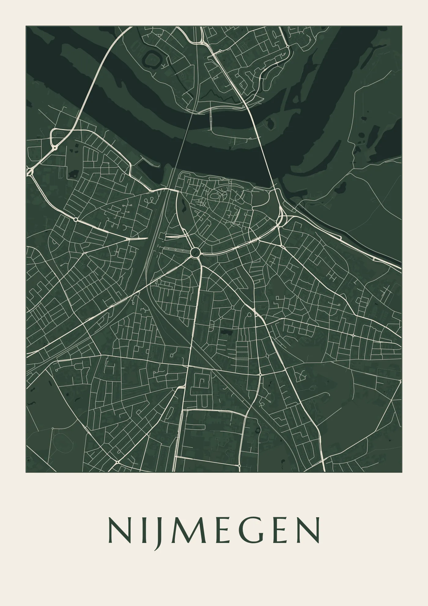 Poster van Nijmegen, de hele stad, stadsposter in de stijl Diep groen