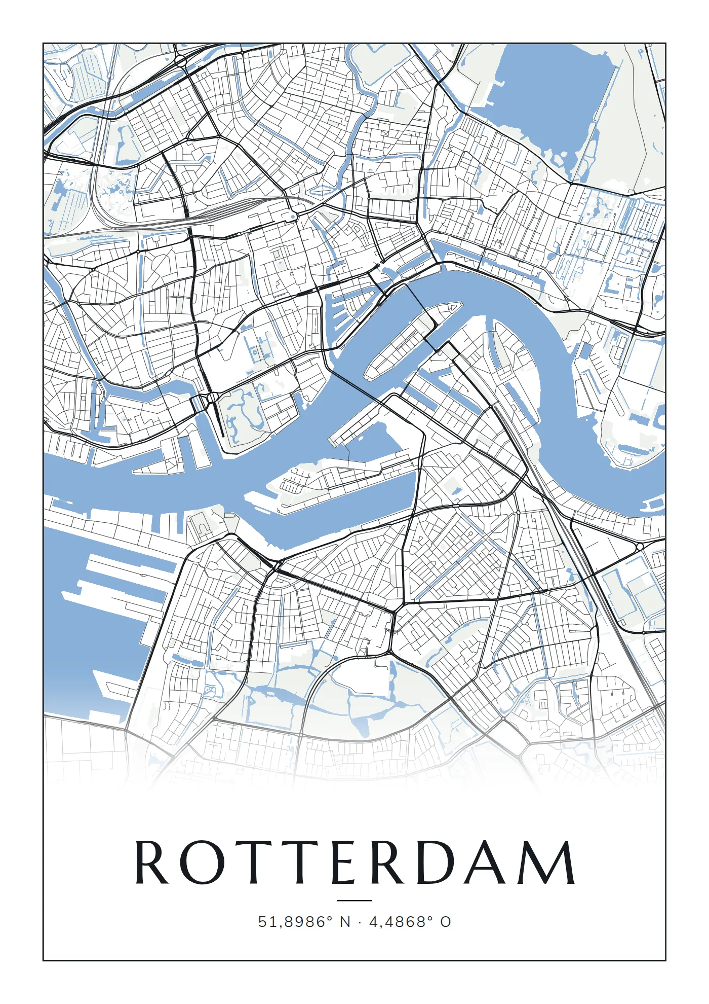 Poster van Rotterdam, de hele stad, stadsposter in de stijl Blauw water