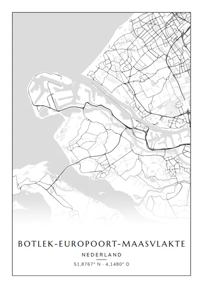 Poster van Rotterdam, de wijk Botlek-Europoort-Maasvlakte, stadsposter in de stijl Zwart-wit
