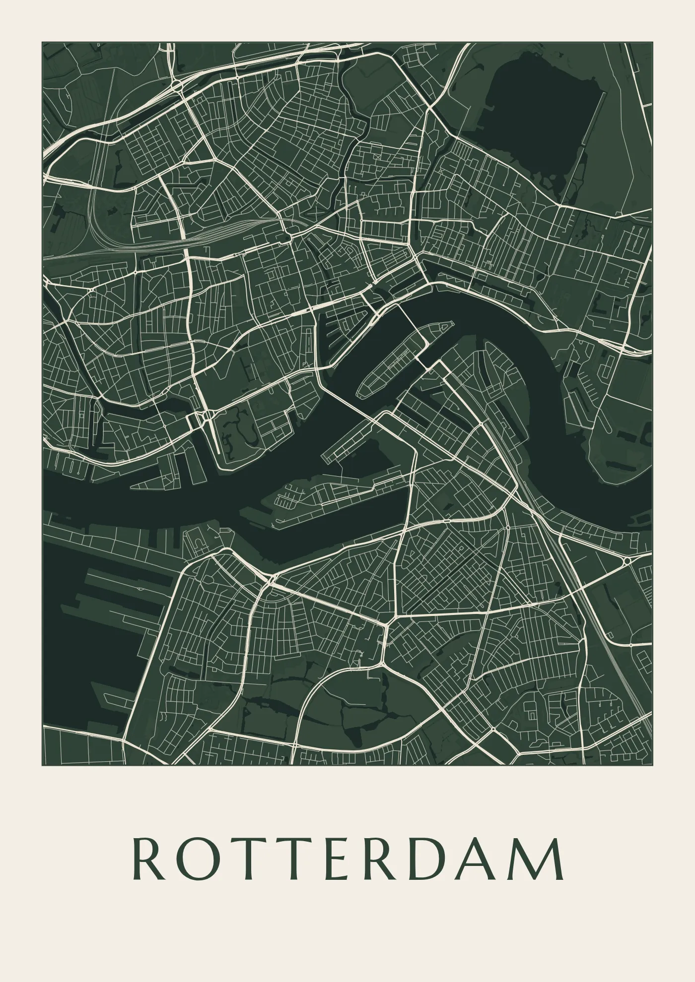 Poster van Rotterdam, de hele stad, stadsposter in de stijl Diep groen