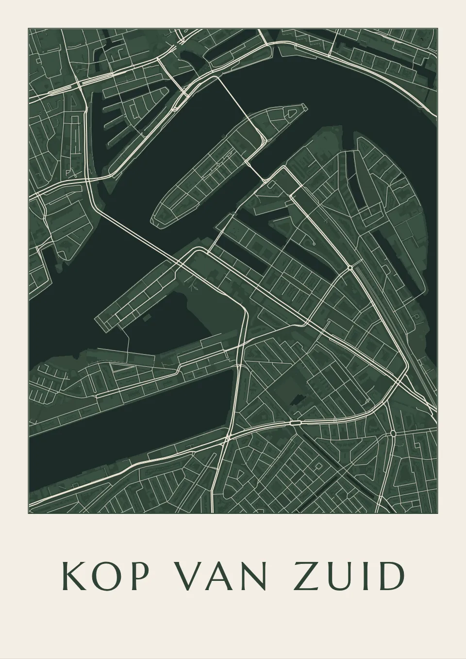 Poster van Rotterdam, de wijk Kop van Zuid, stadsposter in de stijl Diep groen