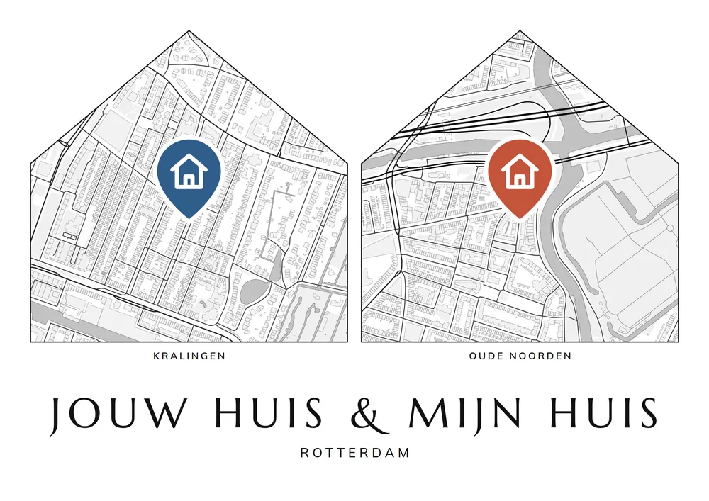 Gepersonaliseerde poster van Rotterdam met twee kaarten in de vorm van een huis naast elkaar, een blauw huisje in Kralingen en een rood huisje in het Oude Noorden, en de titel Jouw huis & mijn huis