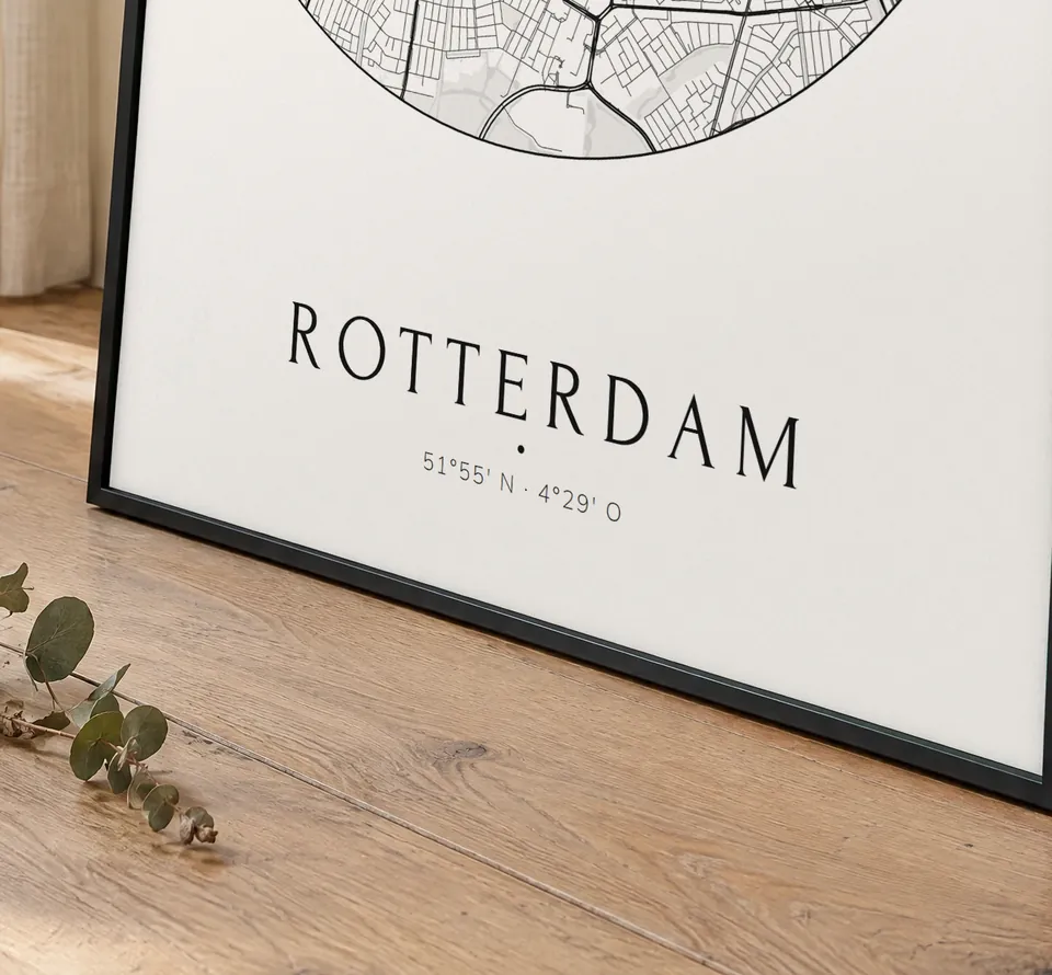 Poster van Rotterdam, de hele stad, stadsposter in de stijl Rond, in een zwarte lijst