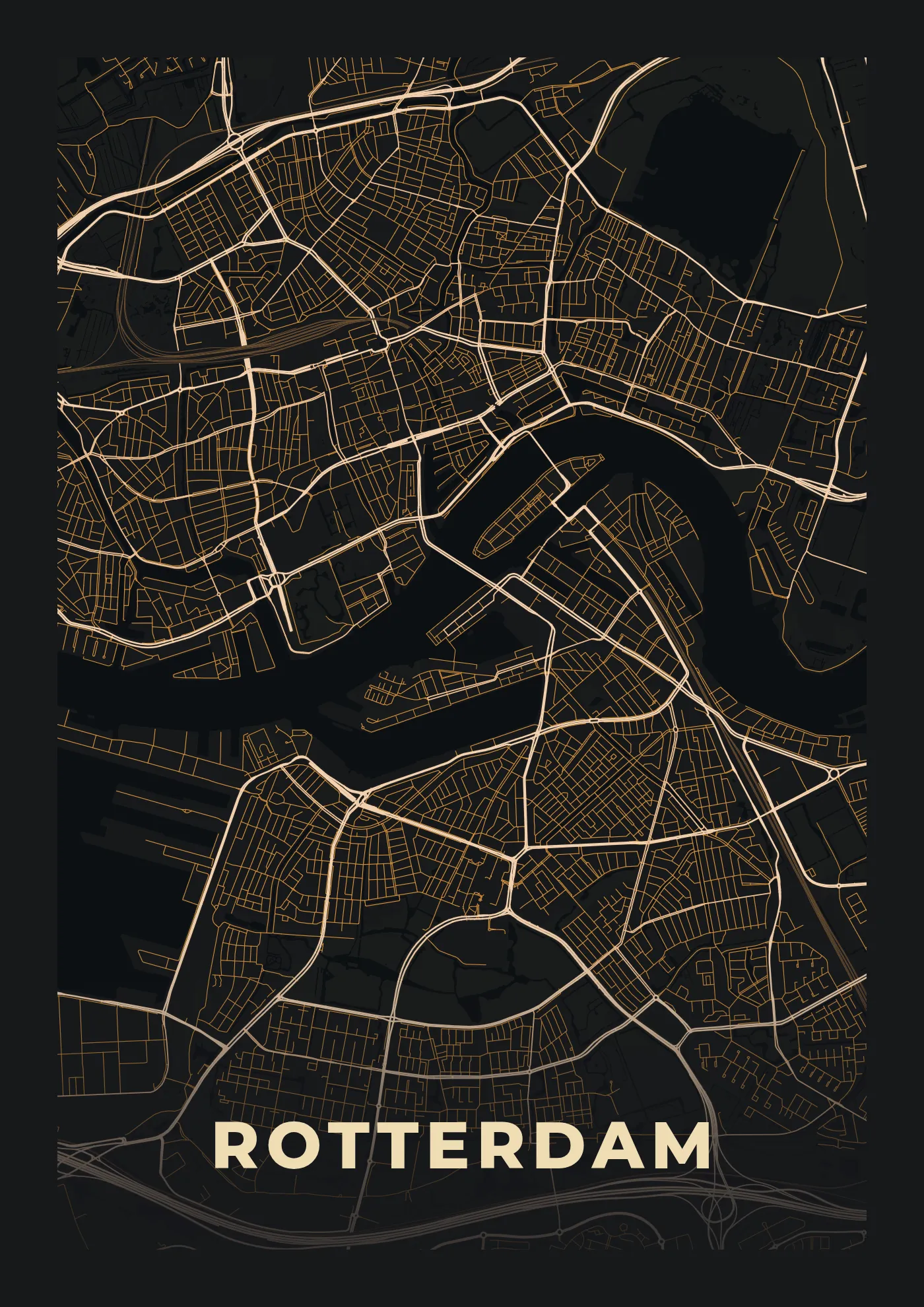 Poster van Rotterdam, de hele stad, stadsposter in de stijl Stad bij nacht