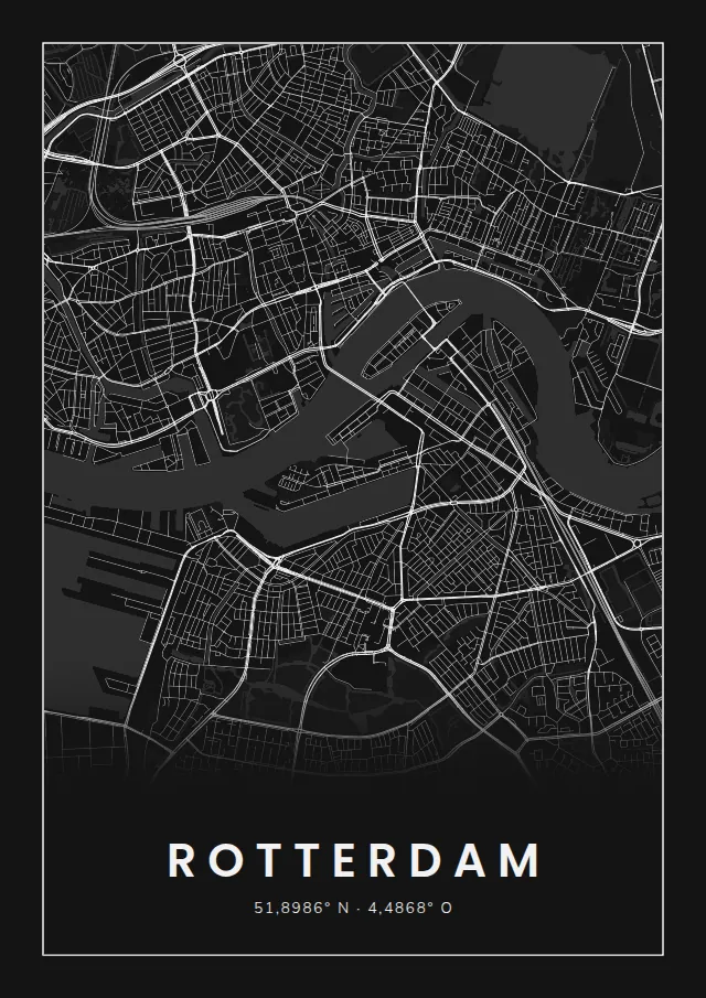 Poster van Rotterdam, de hele stad, stadsposter in de stijl Wit op zwart