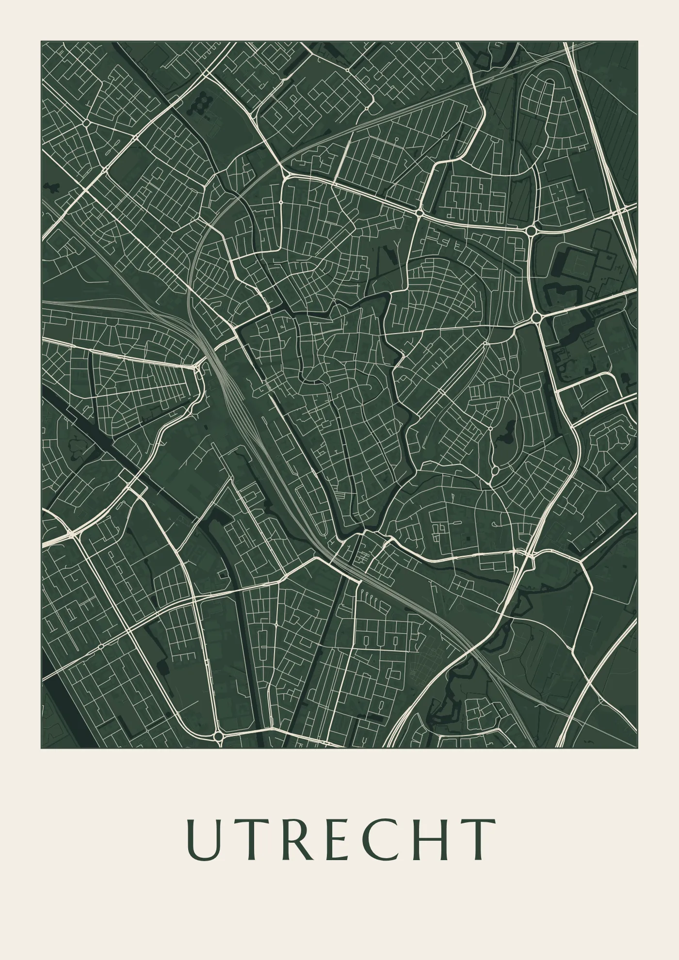 Poster van Utrecht, de hele stad, stadsposter in de stijl Diep groen