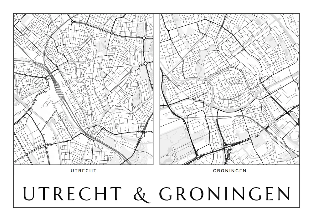 Stadsposter met twee kaarten naast elkaar, van Utrecht en Groningen, in de stijl Twee plekken
