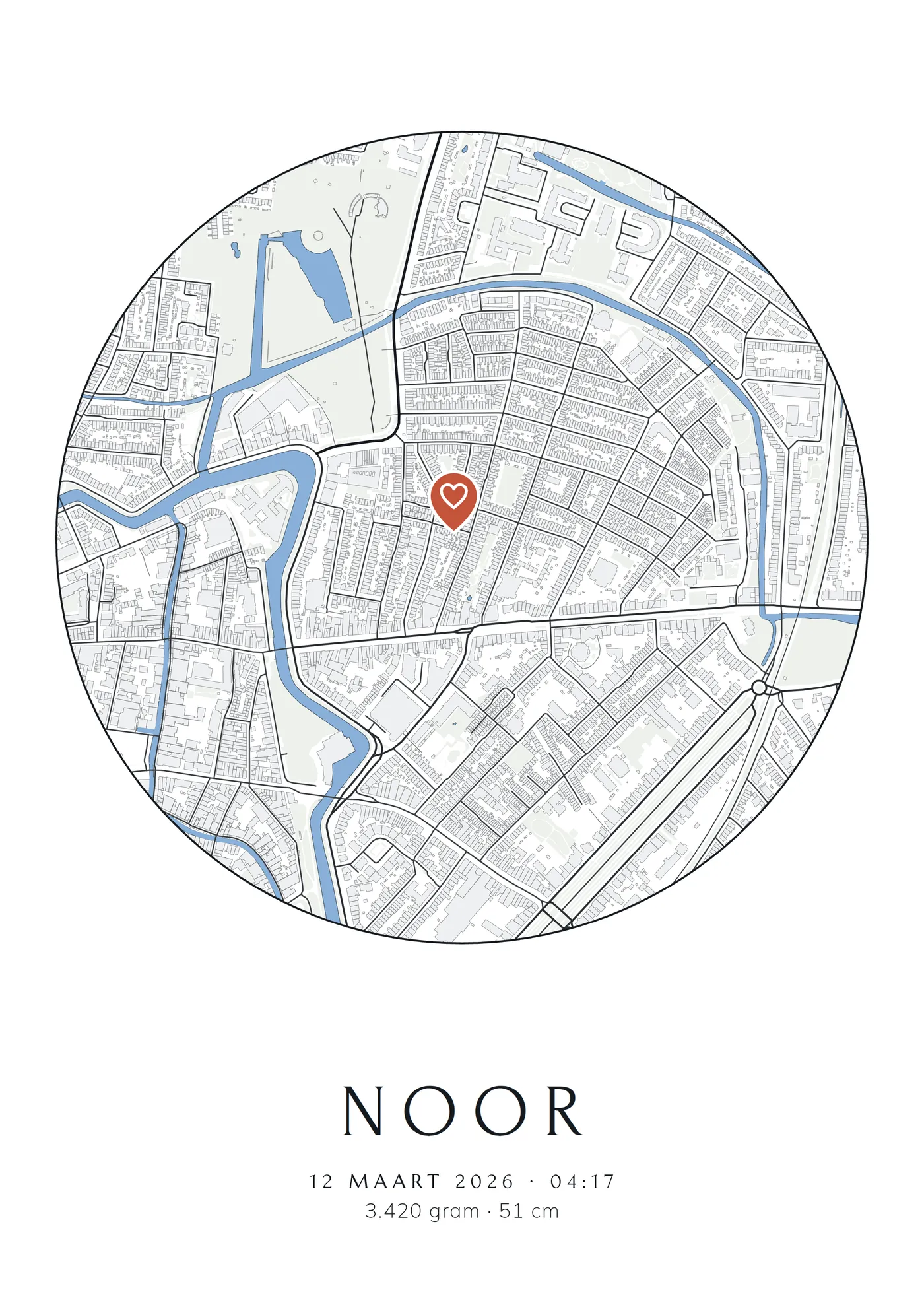 Geboorteposter met de kaart van de geboorteplaats en daaronder de naam, de datum, de tijd, het gewicht en de lengte