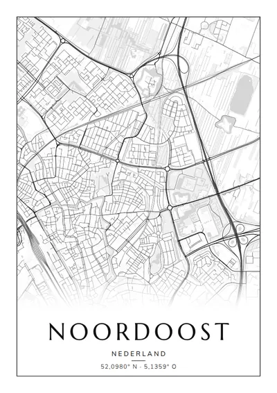 Poster van Utrecht, de wijk Noordoost, stadsposter in de stijl Zwart-wit