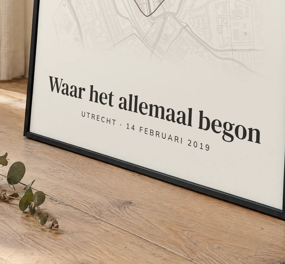 Poster van Utrecht, de wijk Binnenstad, stadsposter in de stijl Waar het begon, in een zwarte lijst