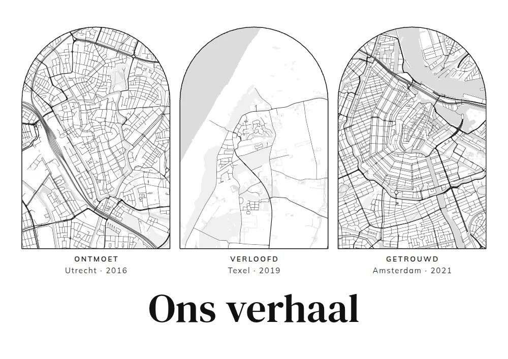 Stadsposter met drie kaarten naast elkaar, van Utrecht, Texel en Amsterdam, in de stijl Ons verhaal