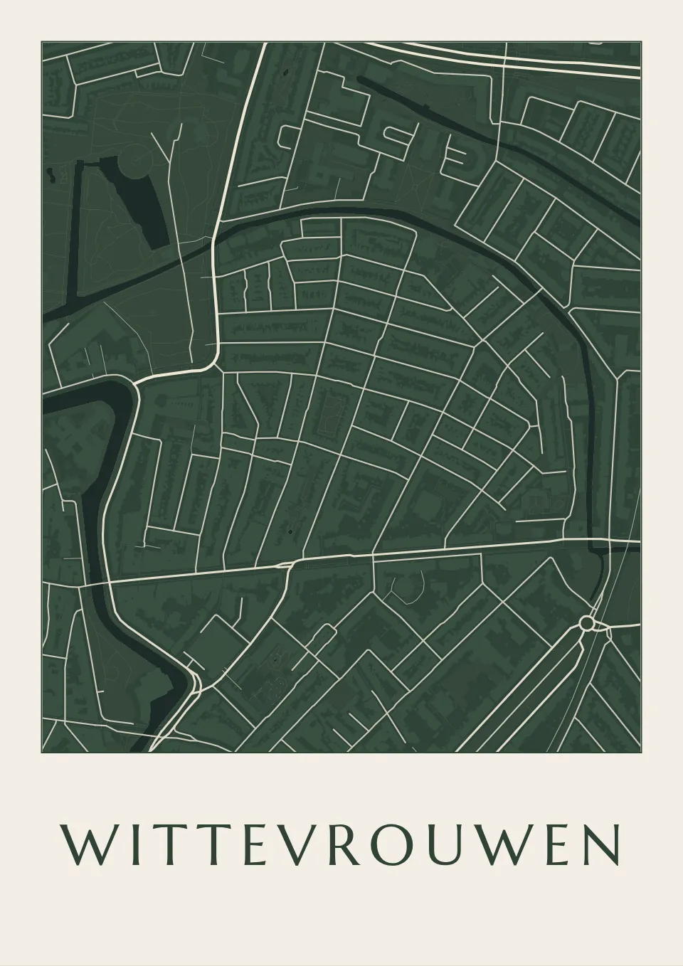 Poster van Utrecht, de wijk Wittevrouwen, stadsposter in de stijl Diep groen