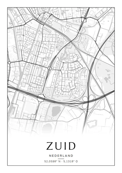Poster van Utrecht, de wijk Zuid, stadsposter in de stijl Zwart-wit