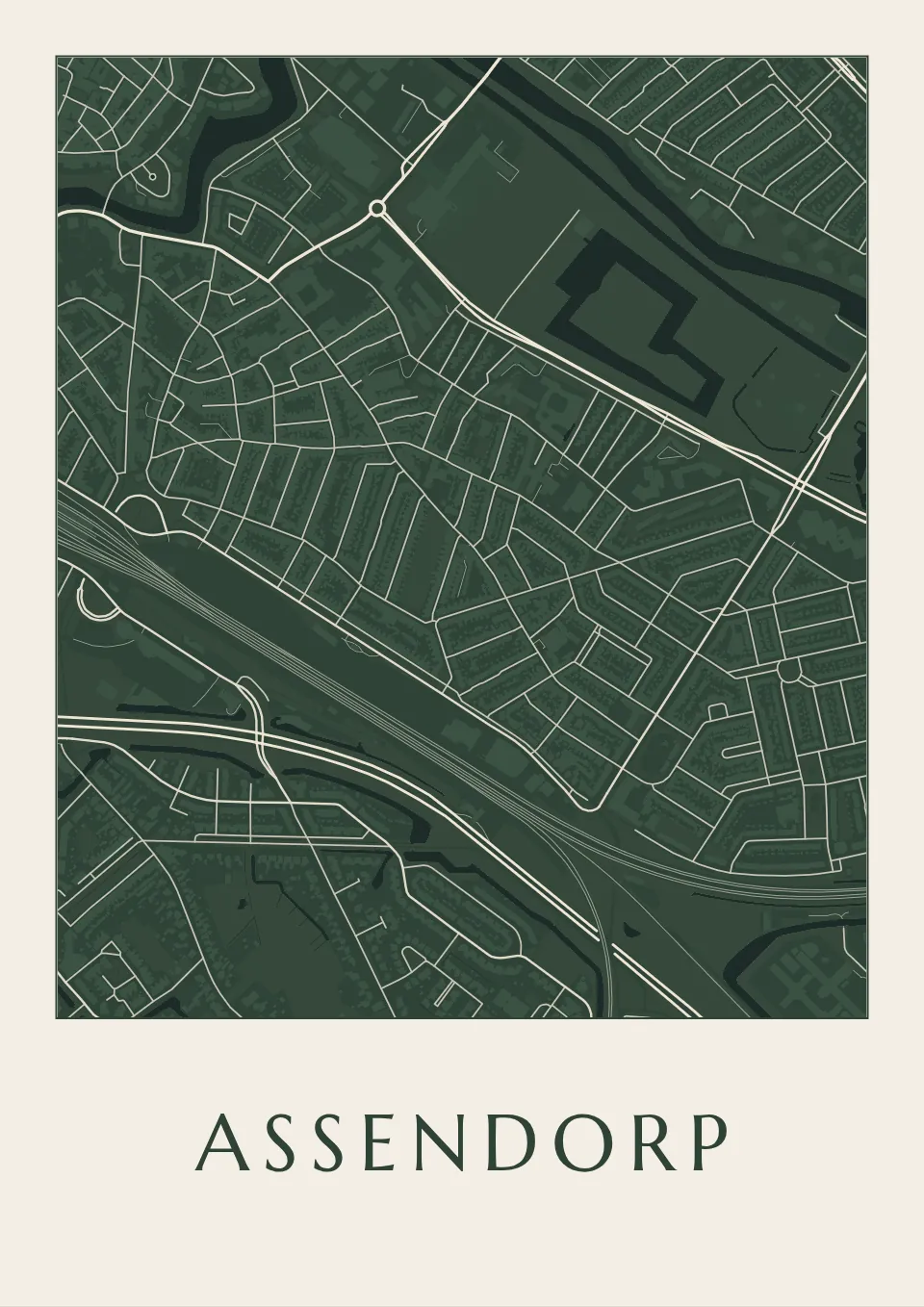 Poster van Zwolle, de wijk Assendorp, stadsposter in de stijl Diep groen